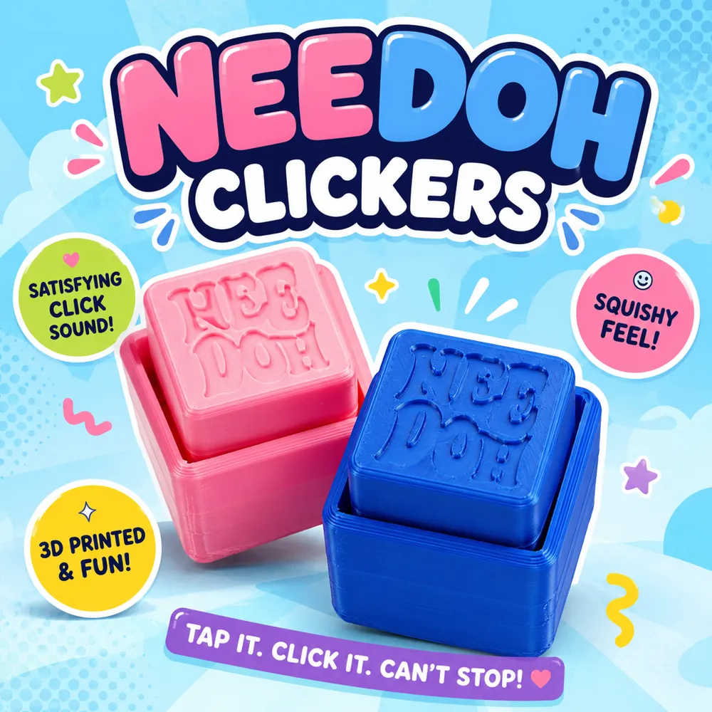 Several NeeDoh-style cube clickers printed in different bright colours.